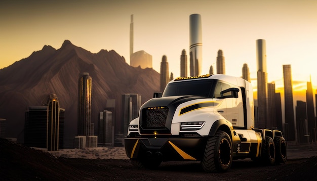 A truck with a large white truck in front of a city landscape