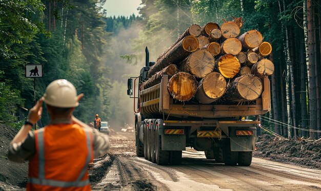 Photo a truck with a load of logs on it and a man in orange vest is carrying a large load of logs