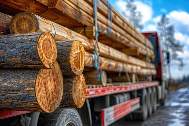 Photo a truck with logs on it and a red trailer with a truck behind it