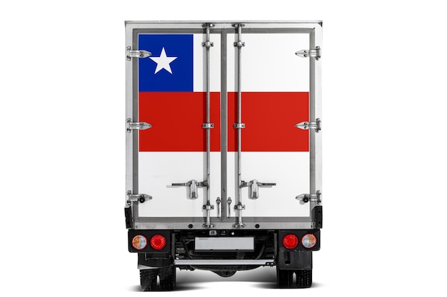 A truck with the national flag of Chile depicted on the tailgate drives against a white background Concept of exportimport transportation national delivery of goods