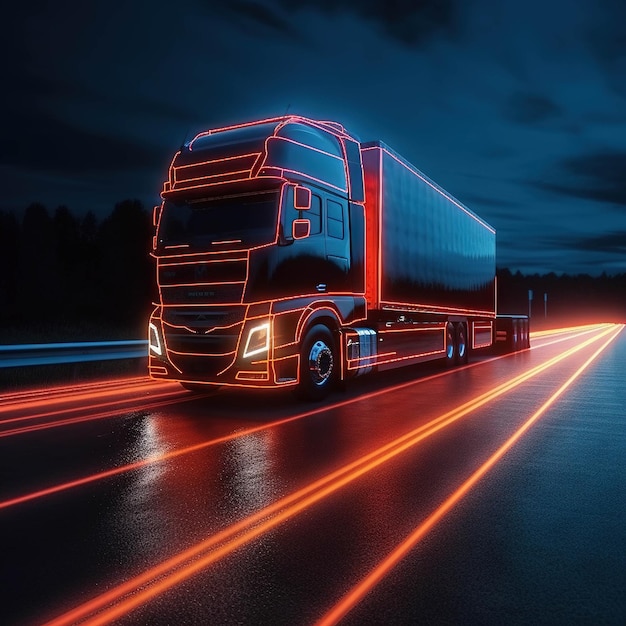 A truck with neon lights on the side of it