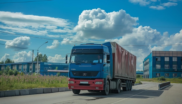 Truck with semitrailer driving along highway on the sky background Goods delivery by roads