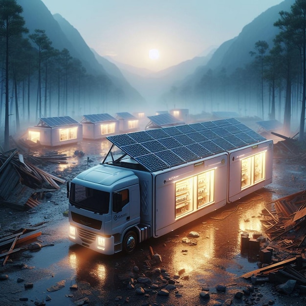 Photo a truck with solar panels on the roof is parked in a flooded area