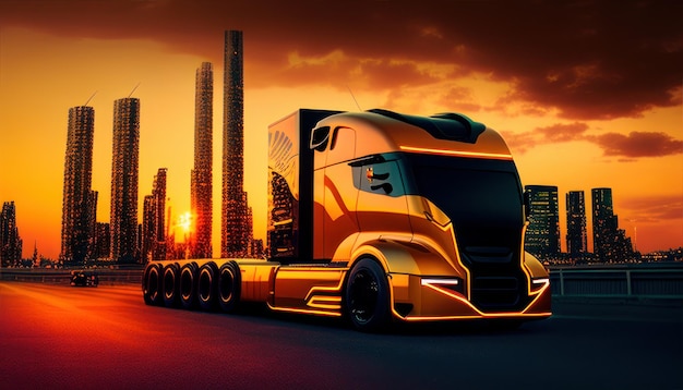 A truck with a sunset in the background