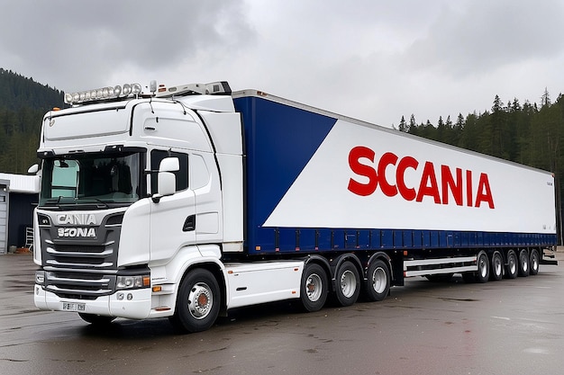 Photo truck with white trailer featuring scania branding