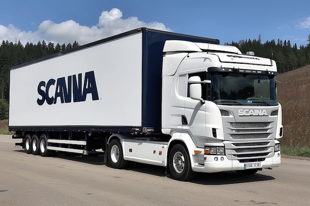 Truck with White Trailer Featuring Scania Branding