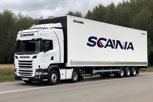 Truck with White Trailer Featuring Scania Branding