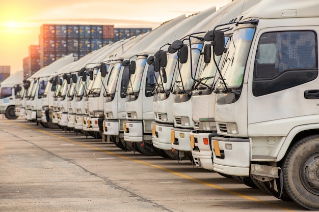 Trucks in container depot waiting for loading container box