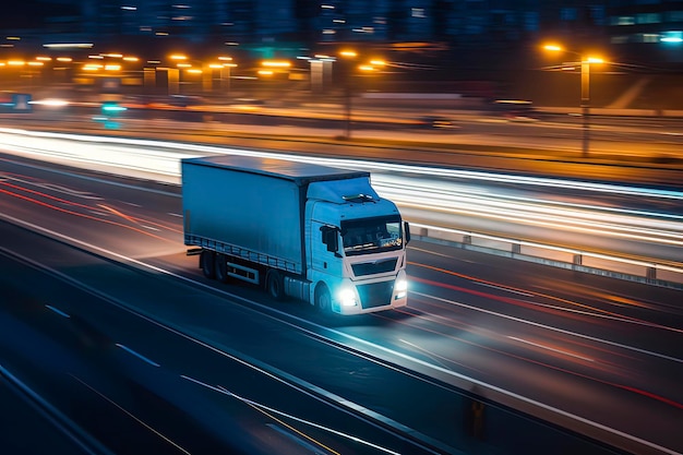 Trucks driving on the highway at night AI technology generated image