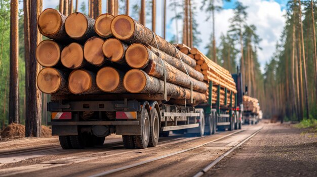 Photo trucks loaded with logs drive along a sunlit forest road surrounded by tall trees showcasing the timber industrys role in nature and transportation