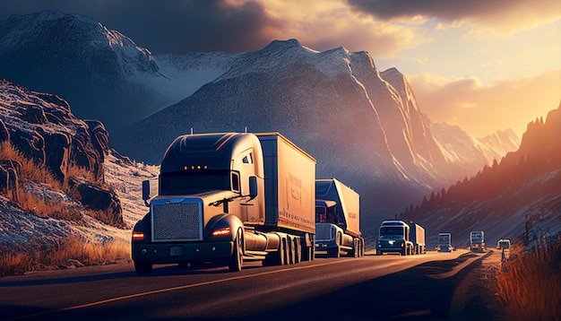 Trucks on a mountain highway at sunset Generative AI