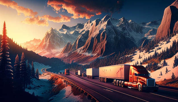 Trucks on a mountain highway at sunset Generative AI