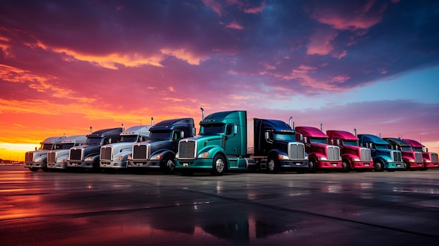 trucks parked on the asphalt road in the evening