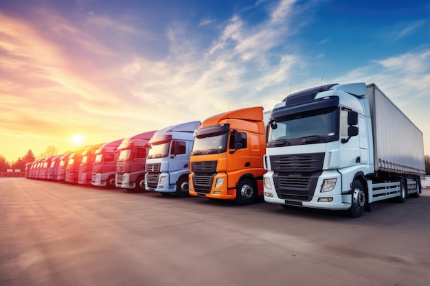 Trucks parked lined road freight industry logistics and transport