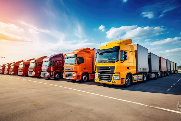 Trucks parked lined road freight industry logistics and transport