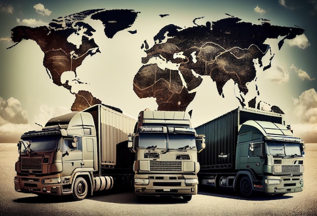 Trucks with cargo on the background of the world map Generate Ai