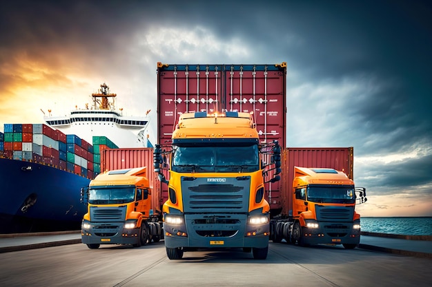 Trucks with containers arrive at sea berth in cargo port