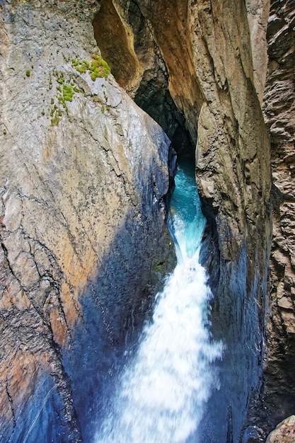 Trummelbach fall, waterfall in the mountain in Lauterbrunnen valley, District of Interlaken, canton of Bern in Switzerland.