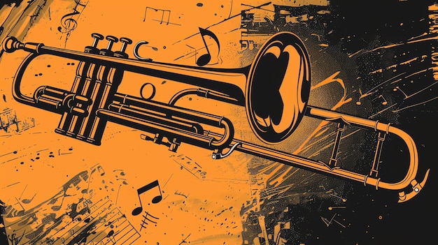 A trumpet and a trombone are laid over a sheet of music