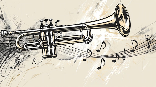 Trumpet with music notes on a beige grunge background