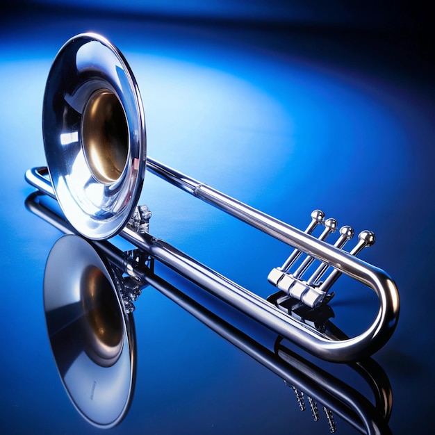 Photo a trumpet with a silver band and a blue background