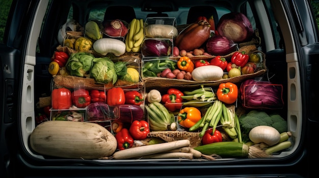 The trunk of the car is full of many different and colorful fresh vegetables and fruits Farm products fair agriculture concepts