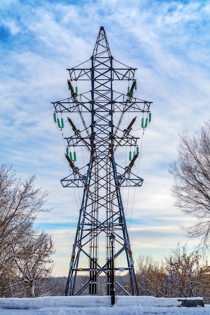 Truss support of highvoltage power line Winter Picture was taken in Russia in city of Orenburg