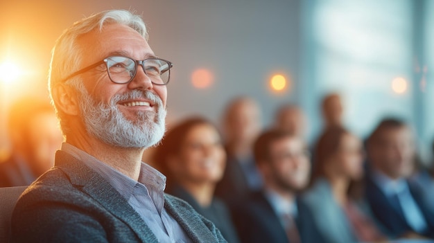 Trusting Teamwork Happy Businesspeople Smiling in Meeting with Light Flares and Copy Space