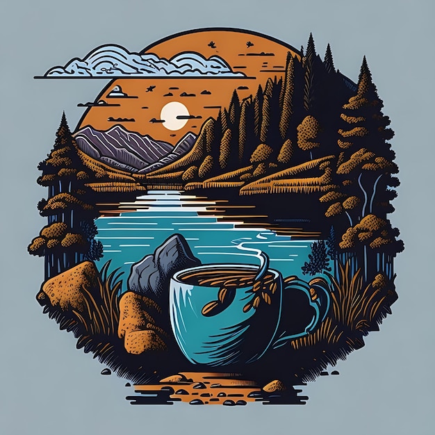 TShirt Design Coffee by the Lake Vector Image