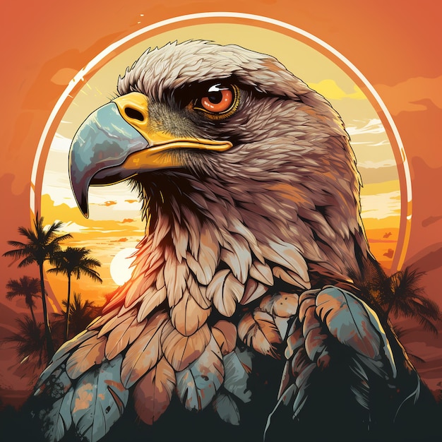 A tshirt design featuring A cool eagle wearing sunglasses in front of a sunset minimalist style r