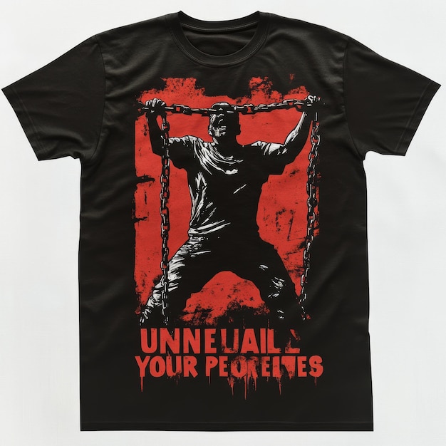 Photo tshirt design featuring a muscular figure with chains