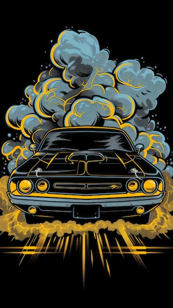 A tshirt design of the front end of an old school muscle car isolated clearly by black background wi