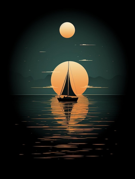 Tshirt design a minimalist depiction of a lone sailboat on a vast sea capturing the serenity and