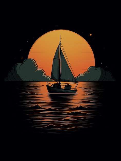 Tshirt design a minimalist depiction of a lone sailboat on a vast sea capturing the serenity and