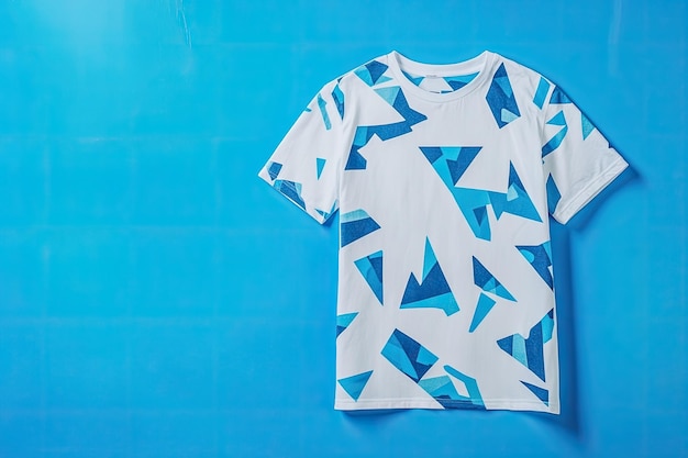 Photo tshirt design mockup geometric pattern on white and blue background