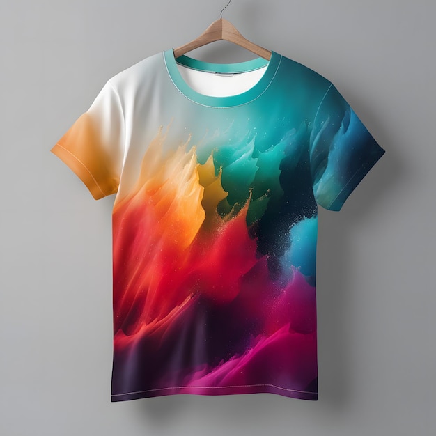 Tshirt design template on wood hanger colorful background