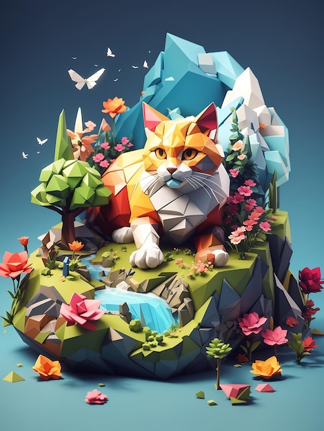 tshirt design with a lowpoly isometric style landscape Feature a playful cat exploring a garden