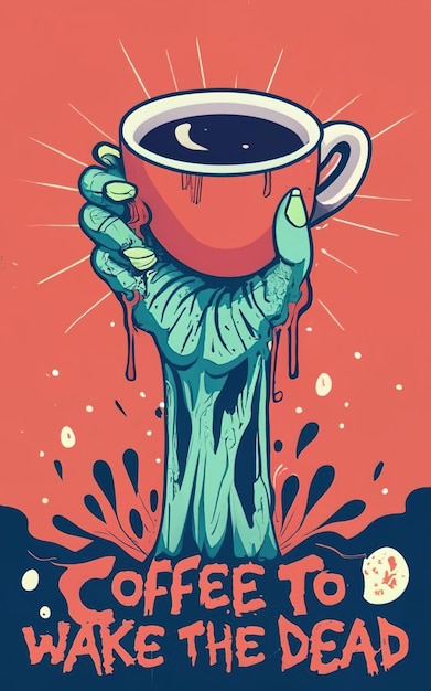 Photo tshirt design zombie hand rising with coffee mug 'coffee to wake the dead' typography