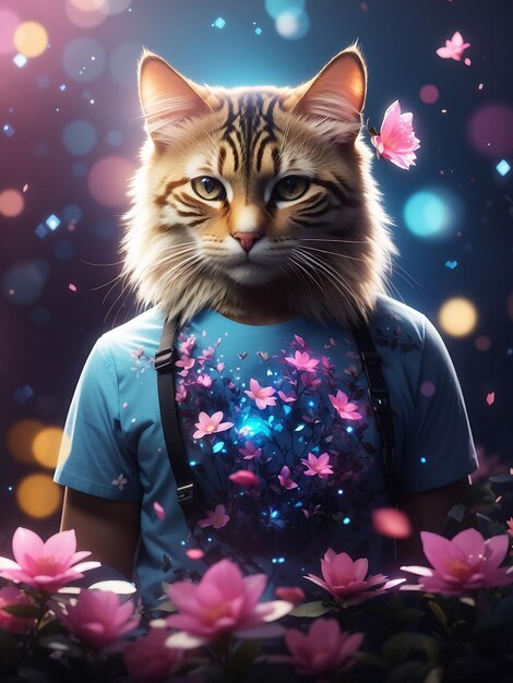 tshirt designethereal atmosphere to the cat and fantasy flowers Use Cinema 4D for 3D vector art