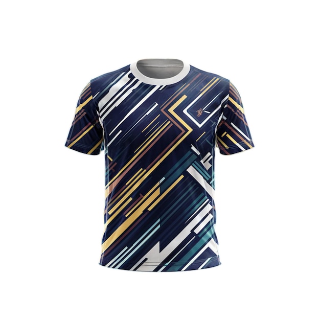 The tshirt features a vibrant geometric pattern with dynamic lines and shapes