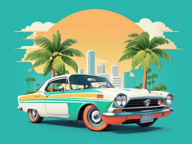 tshirt illustration of a car with trees and commercial building in the natural background