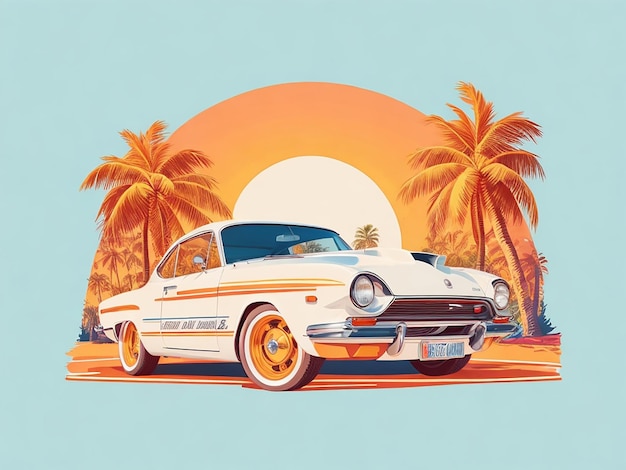 tshirt illustration of a car with trees in the natural background