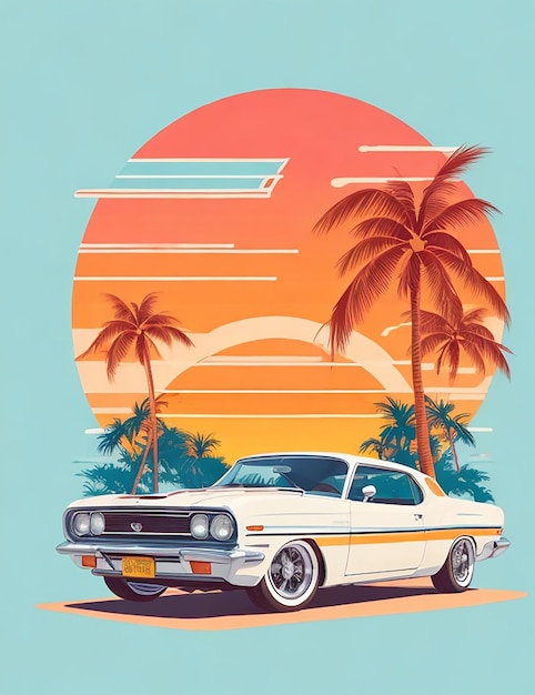 tshirt illustration of a car with trees in the natural background