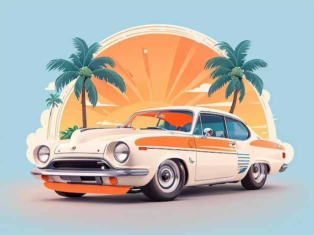 tshirt illustration of a car with trees in the sunset background