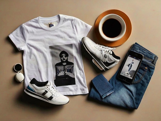 Photo tshirt a white cup a smart phone a hat and white shoes