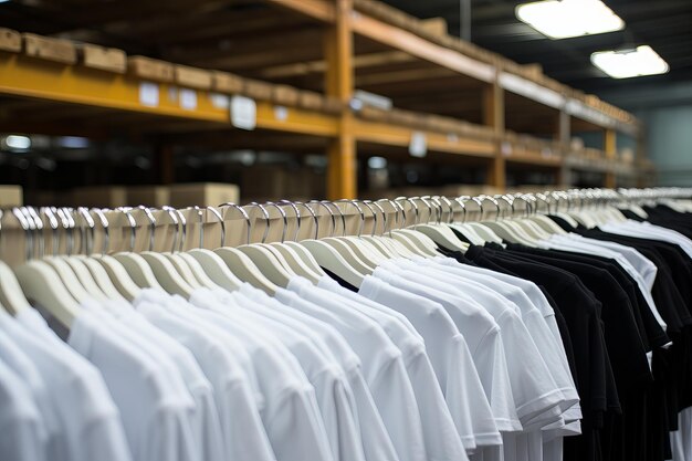 Photo tshirts displayed on hangers in a warehouse with organized shelving in the background