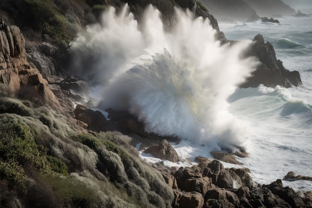 Tsunami wave crashes into rocky cliff with spray flying