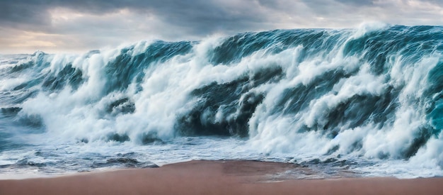 Tsunami waves breaking on a beach, ocean flood disaster concept, 3d render