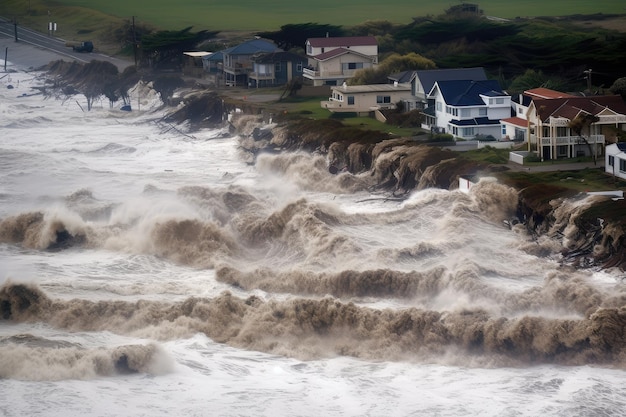 Tsunami waves crash onto shore and breach coastal dikes causing flooding and destruction