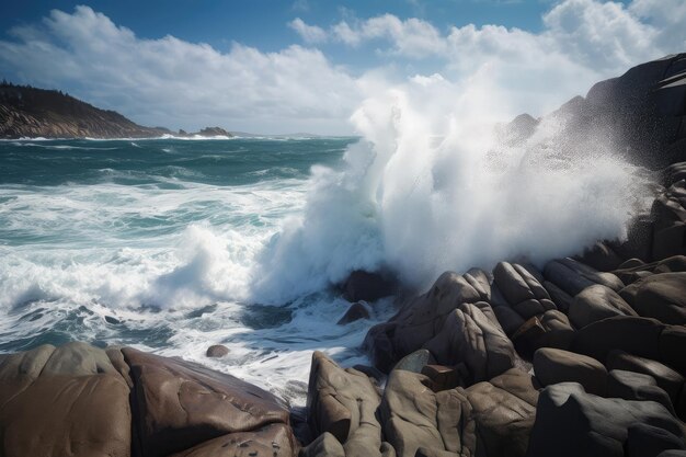 Tsunami waves crashing against rocky shoreline